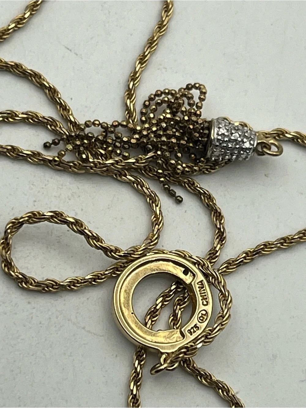 Lariat tassel necklace gold over sterling silver CZ chain